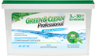 Пральний порошок безфосфатний Green&Clean Professional для білого одягу відро, 3 кг (30 прань) + Мішочок для прання