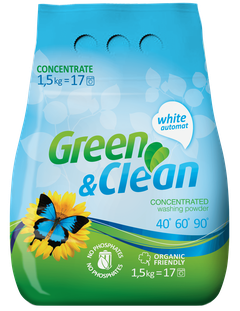 Green&Clean бесфосфатный порошок 1,5 кг для белого белья, (17 стирок)