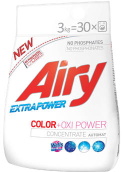 Безфосфатний пральний порошок для кольорової білизни Airy + посилювач порошка Wells Natural OXI POWER, 3 кг (30 прань)